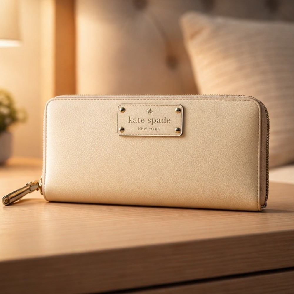 Kate Spade‎ Zip Around Wallet Womens OS Beige Good Pebbled Leather Polka Dot Int